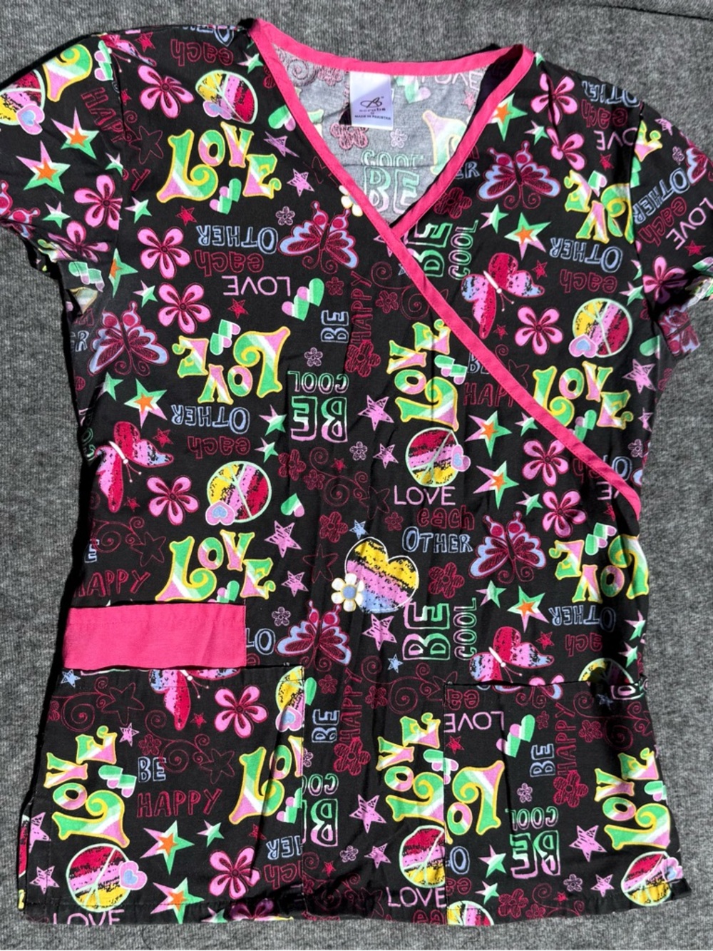 Black & Neon Love, size small Scrub Top with Pink Trim